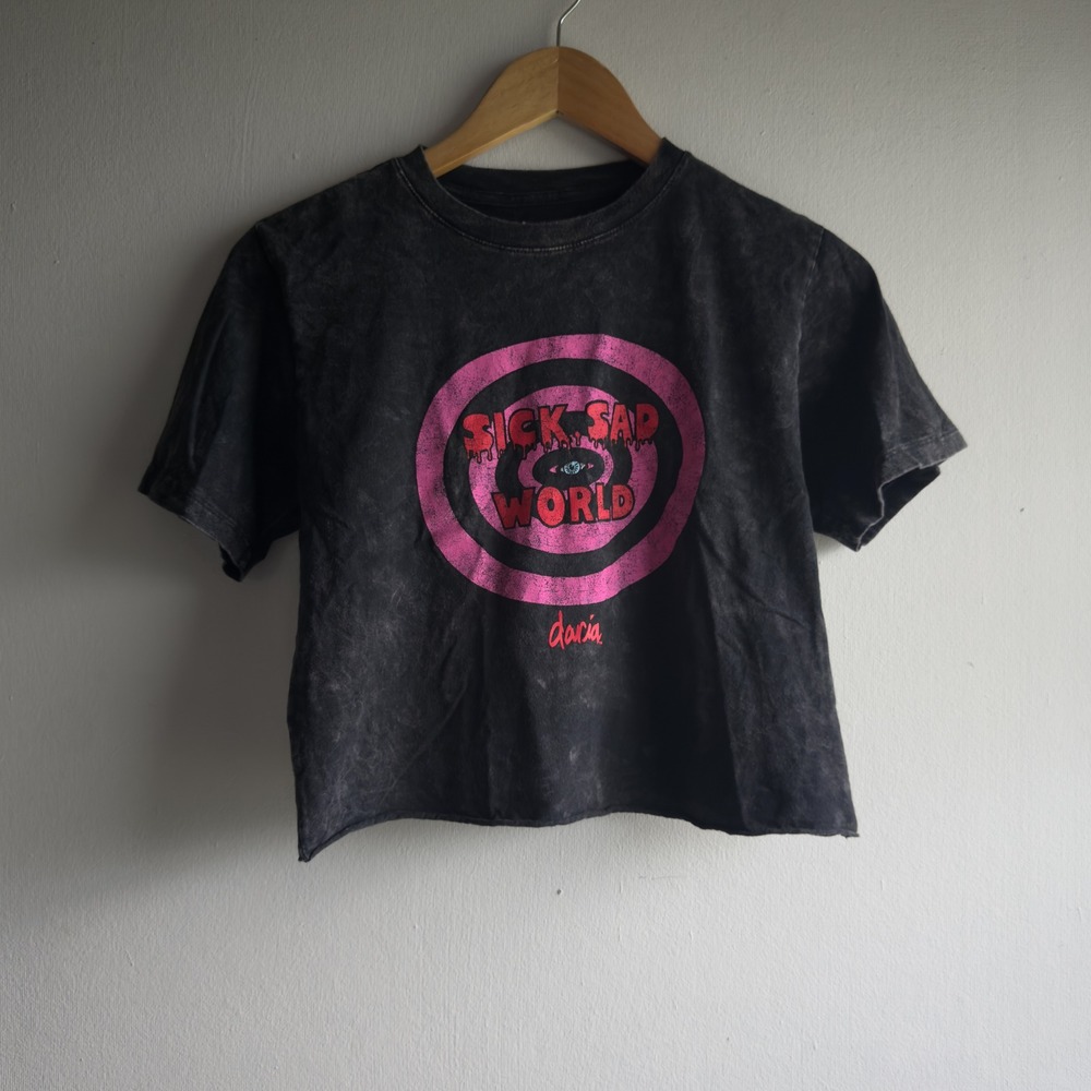 Daria Sick Sad World Acid Wash Crop Top Women XS Black MTV Grunge Y2K Tee